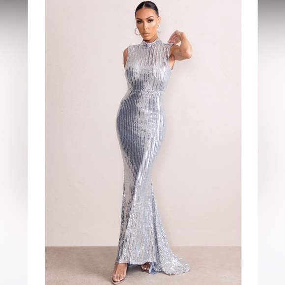 Club L London Dresses & Skirts - Club L London SILVER SEQUIN HIGH NECK MAXI DRESS WITH OPEN BACK DETAIL